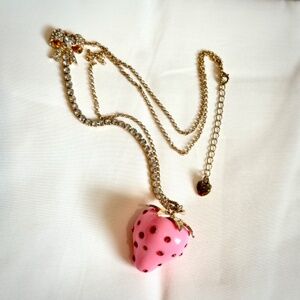 Betsey Johnson Pink Strawberry Red Rhinestone Long Necklace Gold Tone